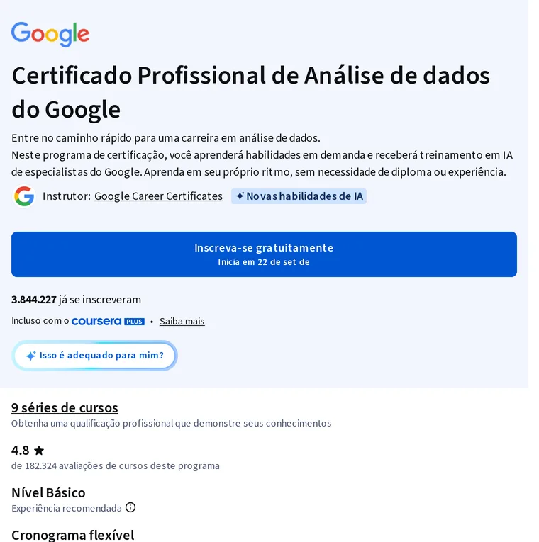 A página de Análise de dados do Google no Coursera: o título, a inscrição gratuita, quantas pessoas estão inscritas, a série de cursos, o nível e o ritmo sugerido