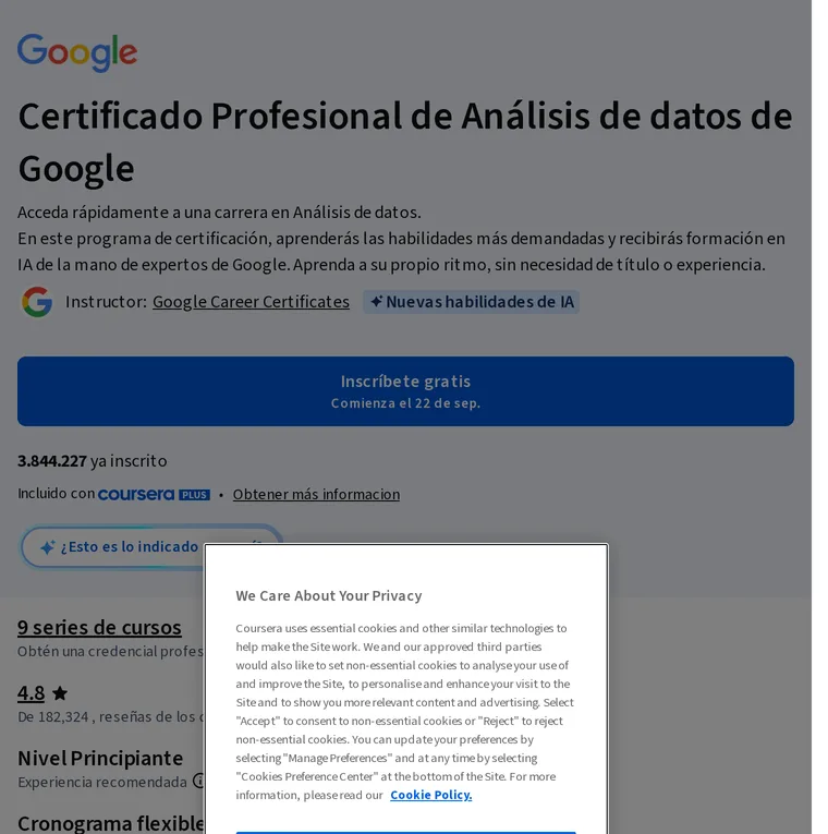 La página de Análisis de Datos de Google en Coursera: el título, la inscripción gratuita, cuántas personas están inscritas, la serie de cursos, el nivel y el ritmo sugerido