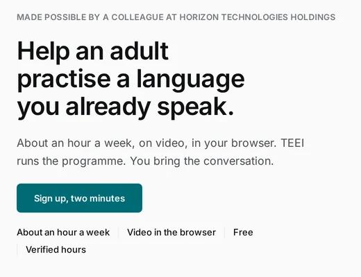 The page a colleague receives: Help an adult practise a language you already speak. Sign up, two minutes.