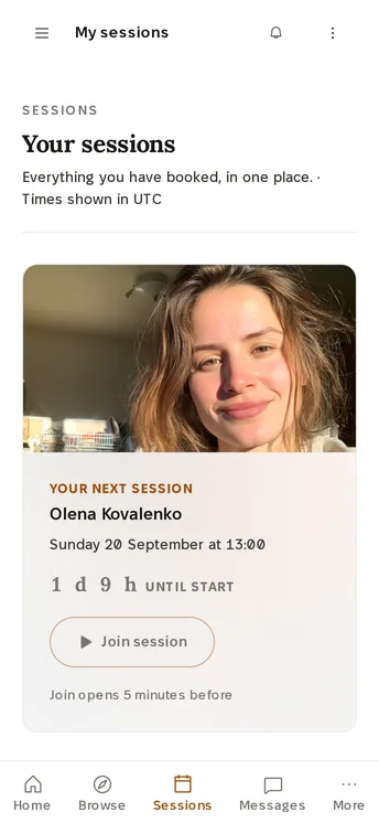 TEEI Language on a phone, a learner's sessions: your next session, Olena Kovalenko, Sunday 20 September at 13:00, 1 day 9 hours until start, Join session