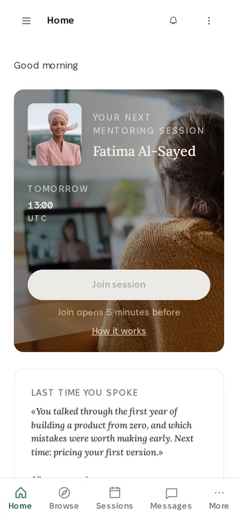 TEEI Mentorship on a phone, a mentee's home: your next mentoring session, Fatima Al-Sayed, tomorrow 13:00, and the note from last time you spoke