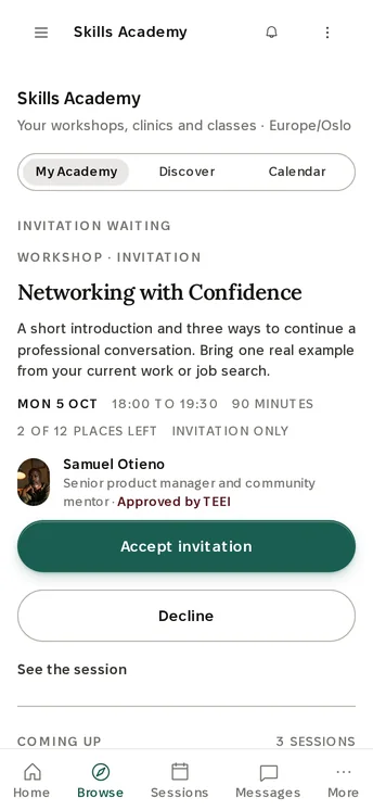 Skills Academy on a phone, an invitation: Networking with Confidence, a workshop on Monday 5 October, 2 of 12 places left, hosted by Samuel Otieno, approved by TEEI, Accept invitation