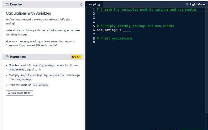 A DataCamp exercise, Calculations with variables, from Introduction to Python: the instructions on the left, the script editor on the right.