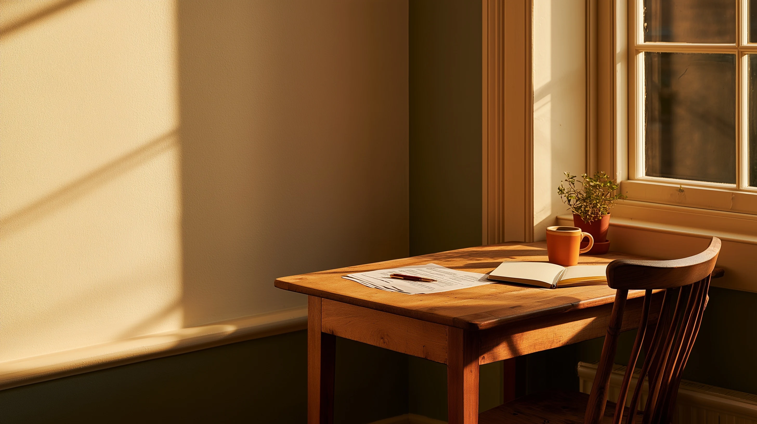 A kitchen table by a window in late afternoon light: printed pages with a pen across them, an open notebook and a cup of coffee.