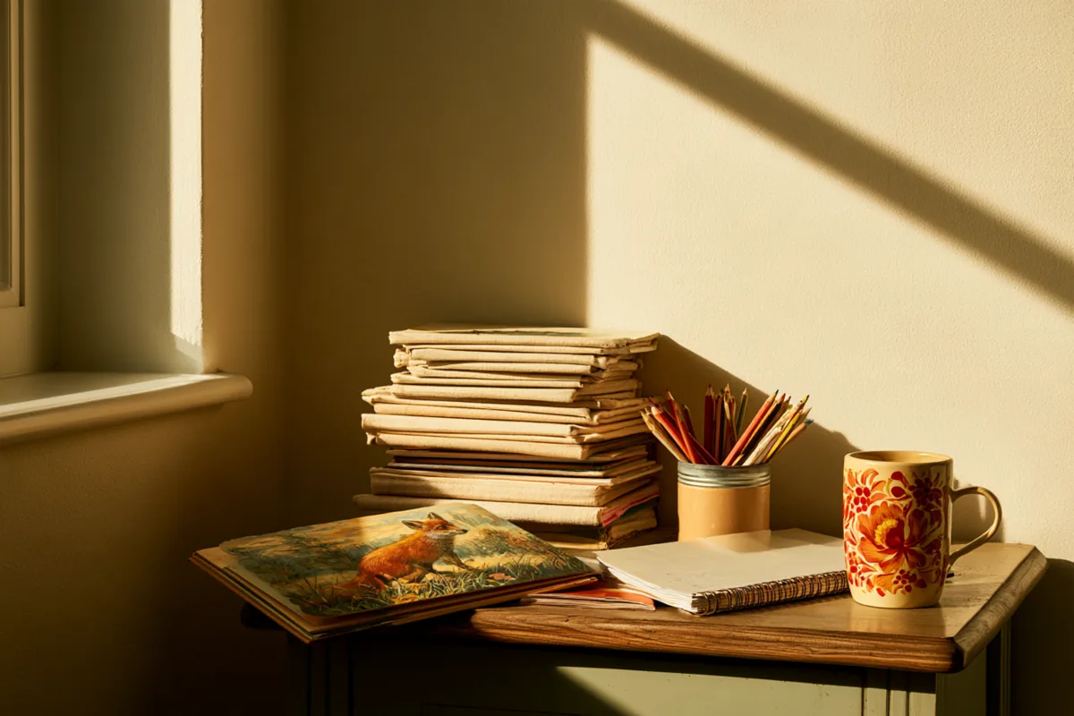 A small desk by a window with a stack of children’s books, a picture book with a fox on its cover, coloured pencils and a painted mug