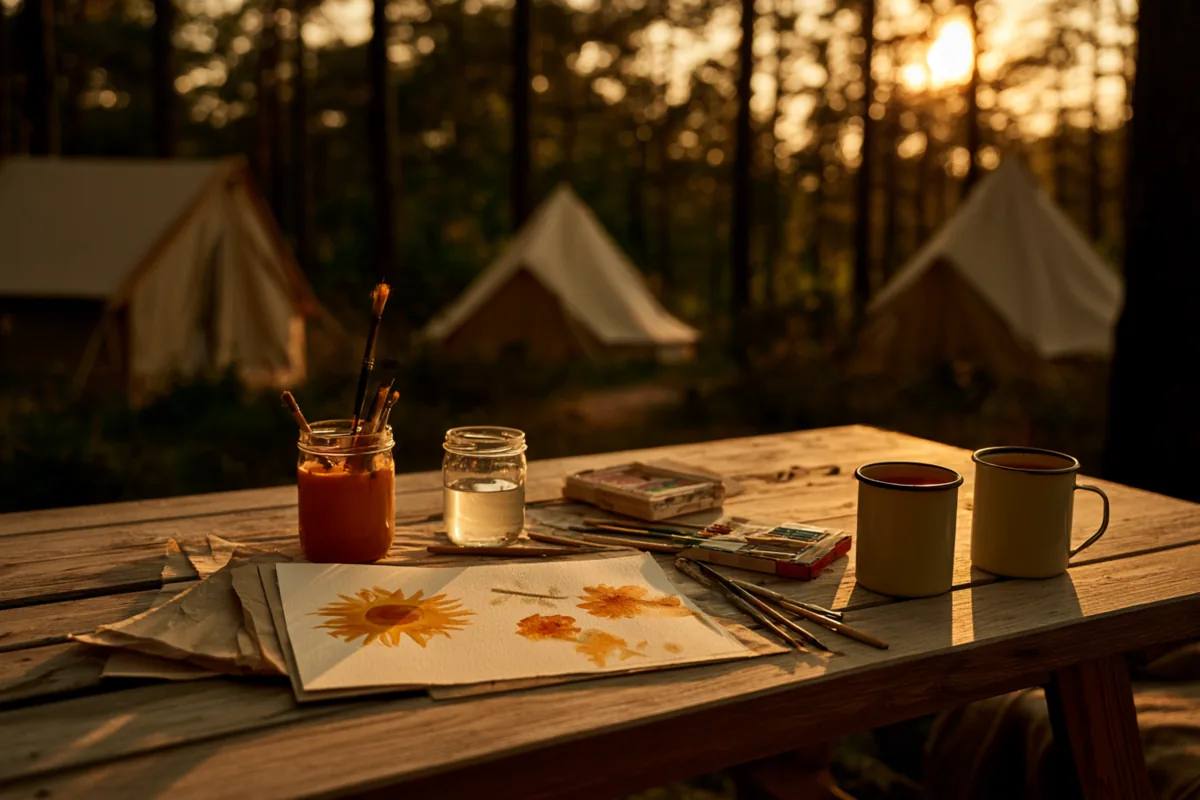 Watercolours of sunflowers, paint jars, brushes and two enamel mugs on a wooden table at a camp among pine trees and canvas tents