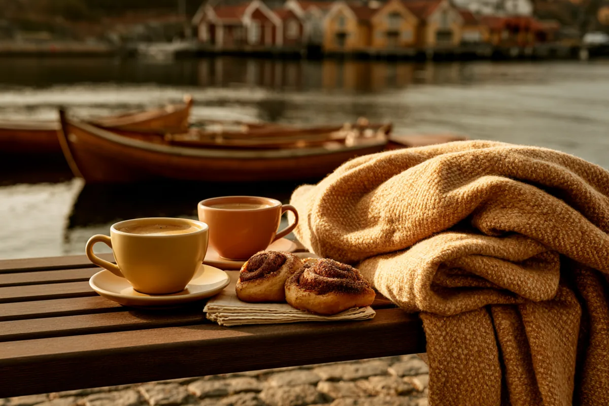 Two cups of coffee and two cinnamon buns on a bench by a harbour, beside a folded wool blanket, with wooden boats and harbour houses behind
