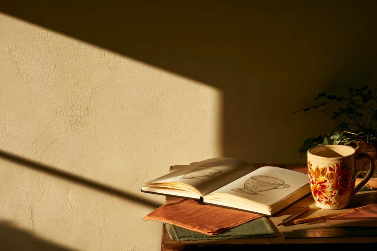 An open sketchbook with drawings of cups, folded fabric and a hand-painted mug on a table by a sunlit wall