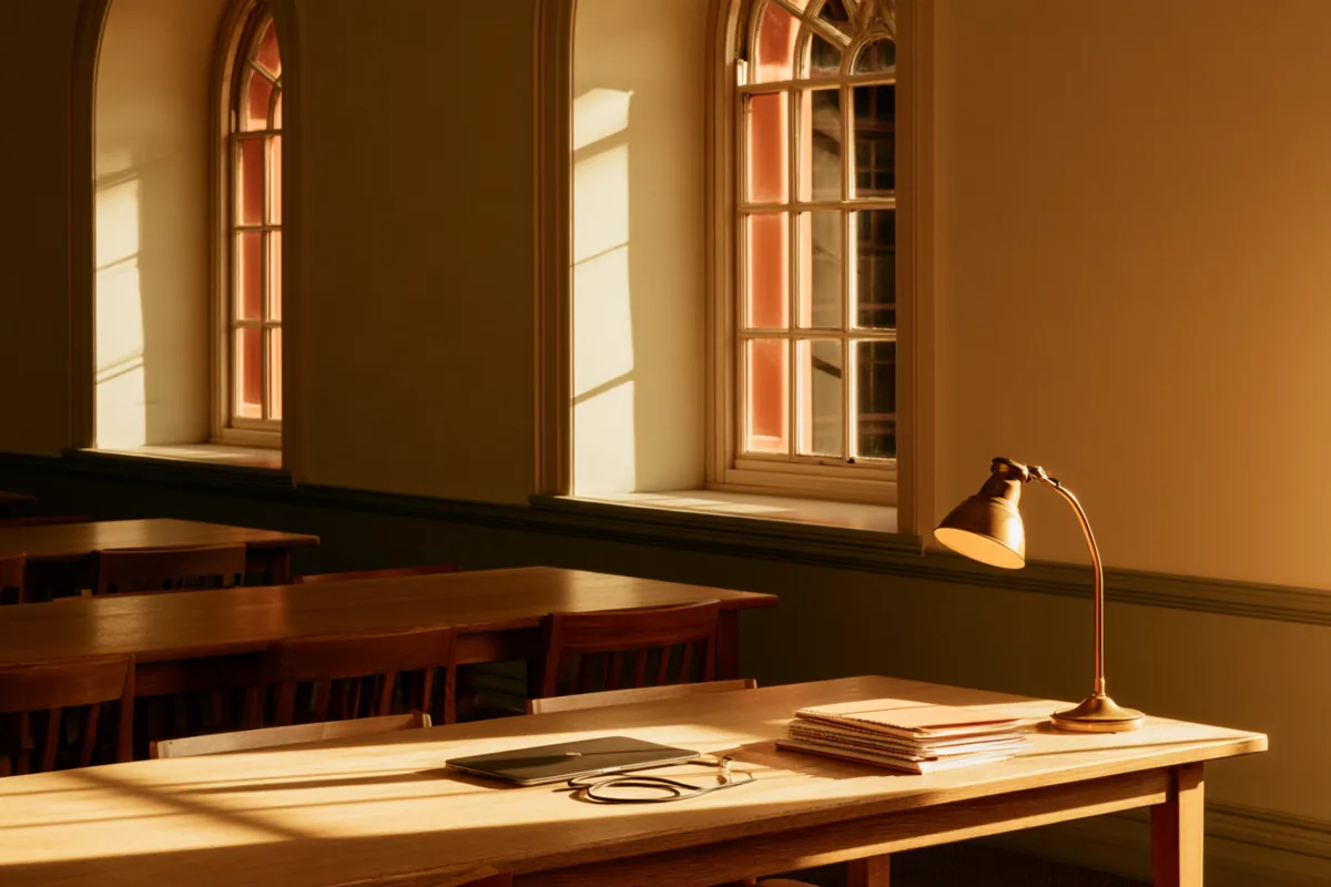 An empty university seminar room in late-afternoon light, with a closed laptop, a pair of glasses, papers and a desk lamp on a long table