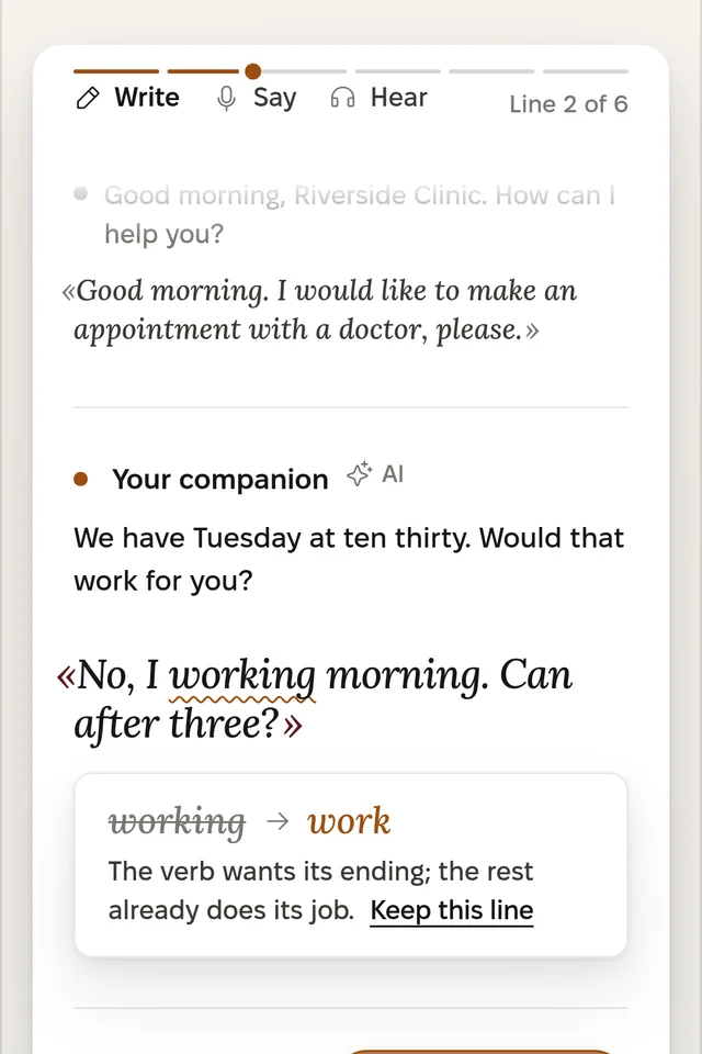 Practice Companion: a written exchange about a doctor's appointment, with one correction explained in a note under the line.