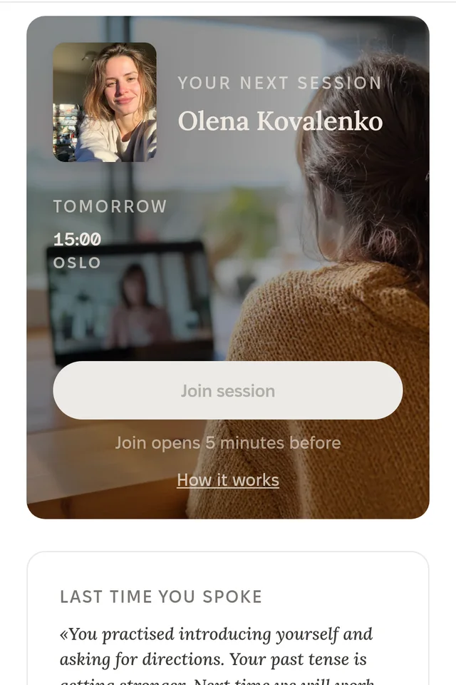 The learner home in TEEI Language: the next session with a volunteer tomorrow at 15:00, a note on what you practised last time, and a row of volunteers to meet.