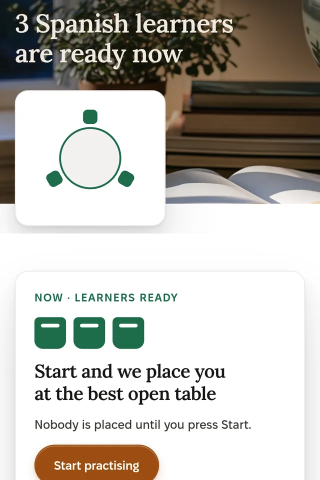 Practice Now in TEEI Language: three Spanish learners are ready now, and one button starts the session.