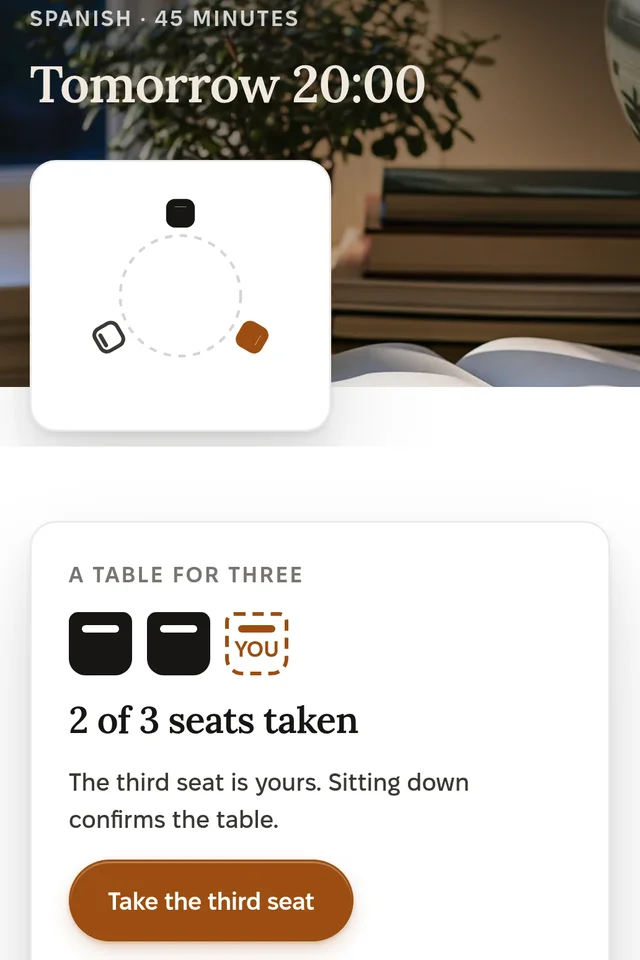 A table for three in TEEI Language: Spanish, tomorrow at 20:00, two of three seats taken, and the button to take the third seat.
