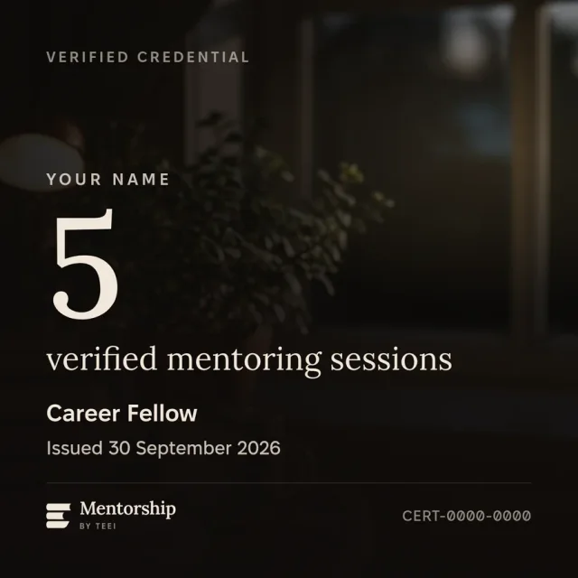 A Mentorship credential: Career Fellow, five verified mentoring sessions, with its issue date and certificate number.