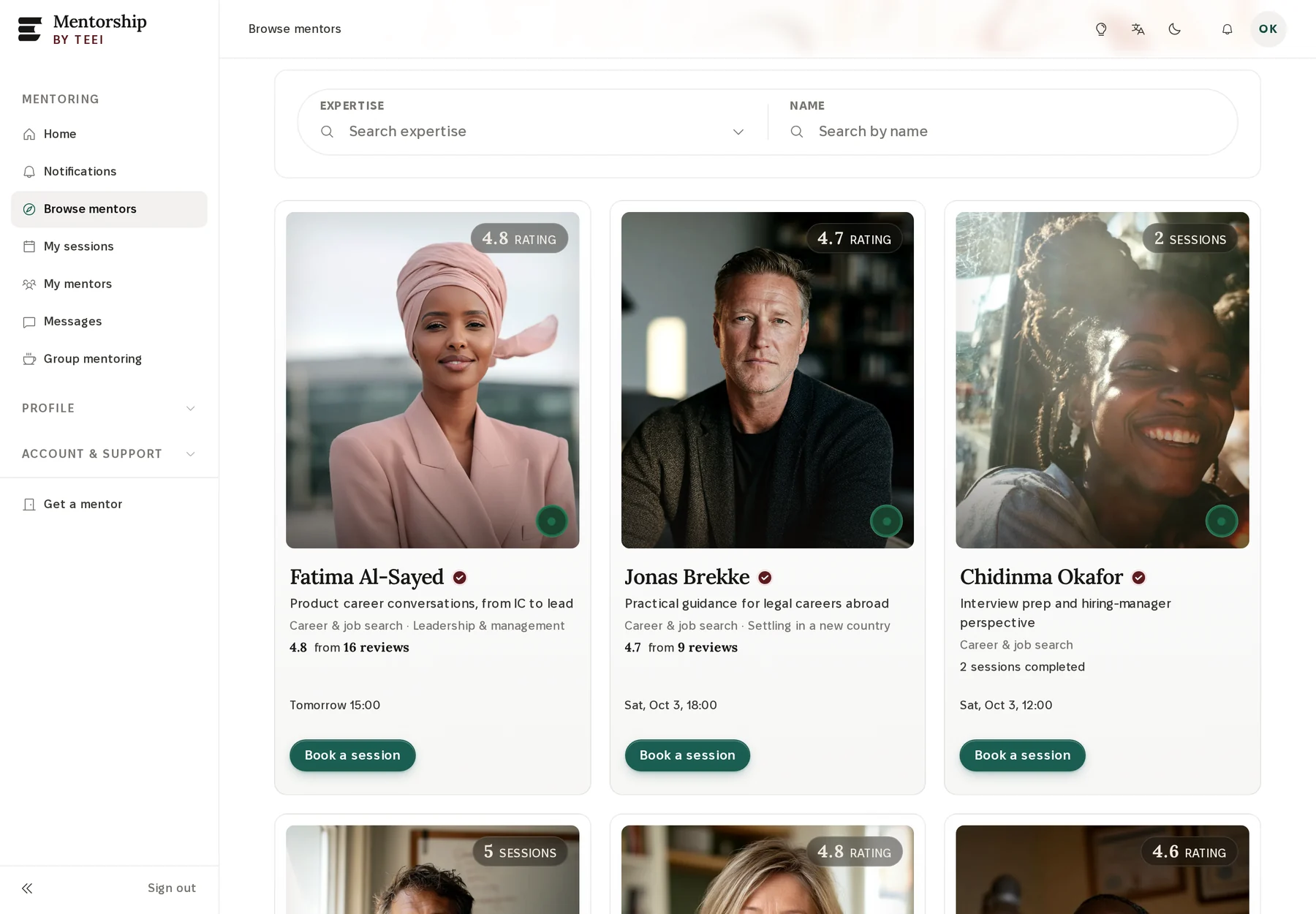 Buscar mentoras y mentores en TEEI Mentorship, en inglés: búsqueda por área o nombre, y una tarjeta por cada persona mentora con experiencia, calificación y el siguiente horario disponible