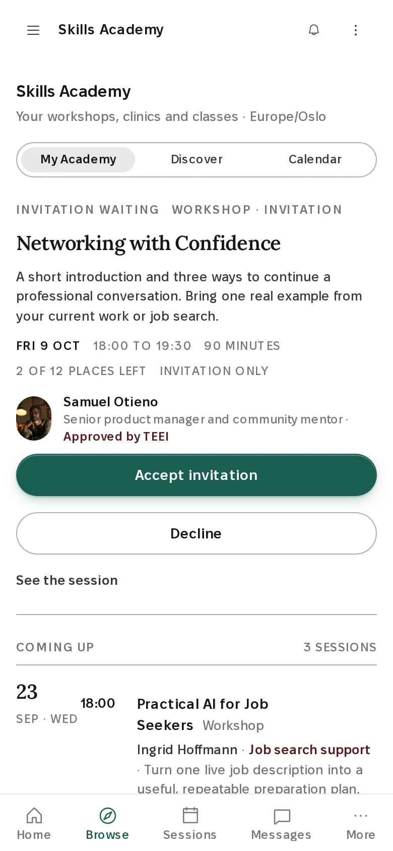 My Academy on a phone: the invitation, then the sessions coming up.