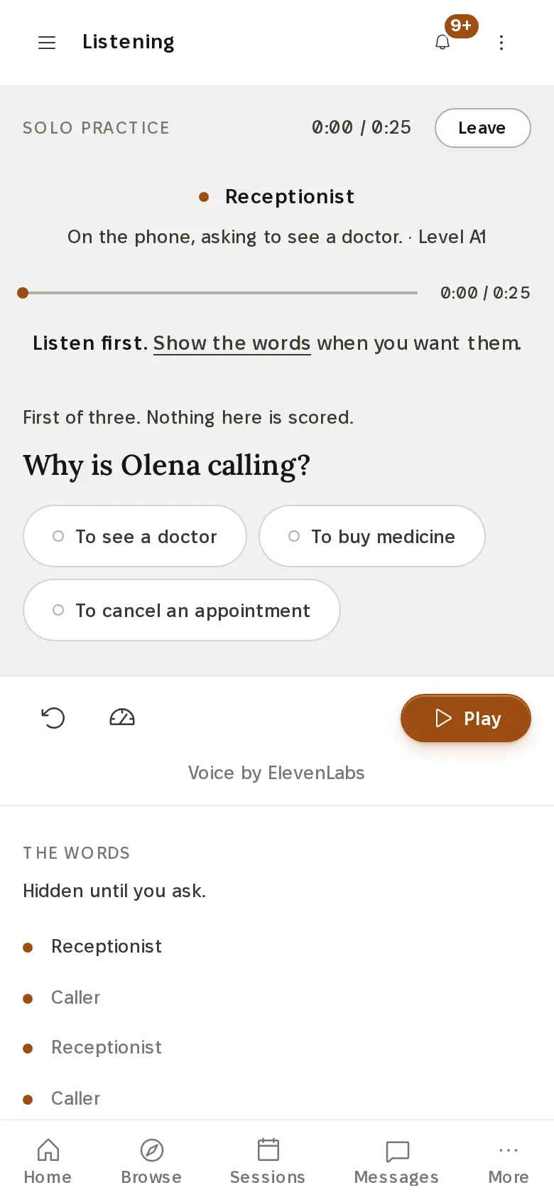 The listening room on a phone: a dialogue voiced with ElevenLabs, with the words hidden until the learner asks for them.