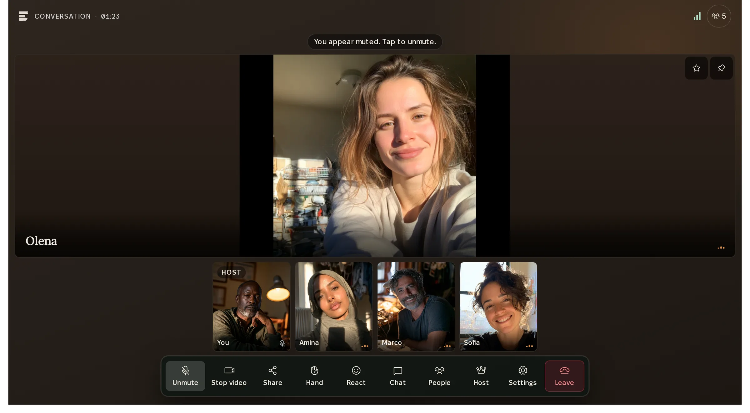The host's view of the room in conversation mode: the speaker in the spotlight, the host and three participants below, and the controls Unmute, Stop video, Share, Hand, React, Chat, People, Host, Settings and Leave.