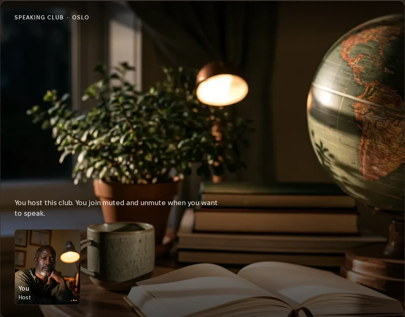 The joining screen: camera and microphone checks, a note that you join muted and unmute when you want to speak, a count of who is already here, and the button to join.