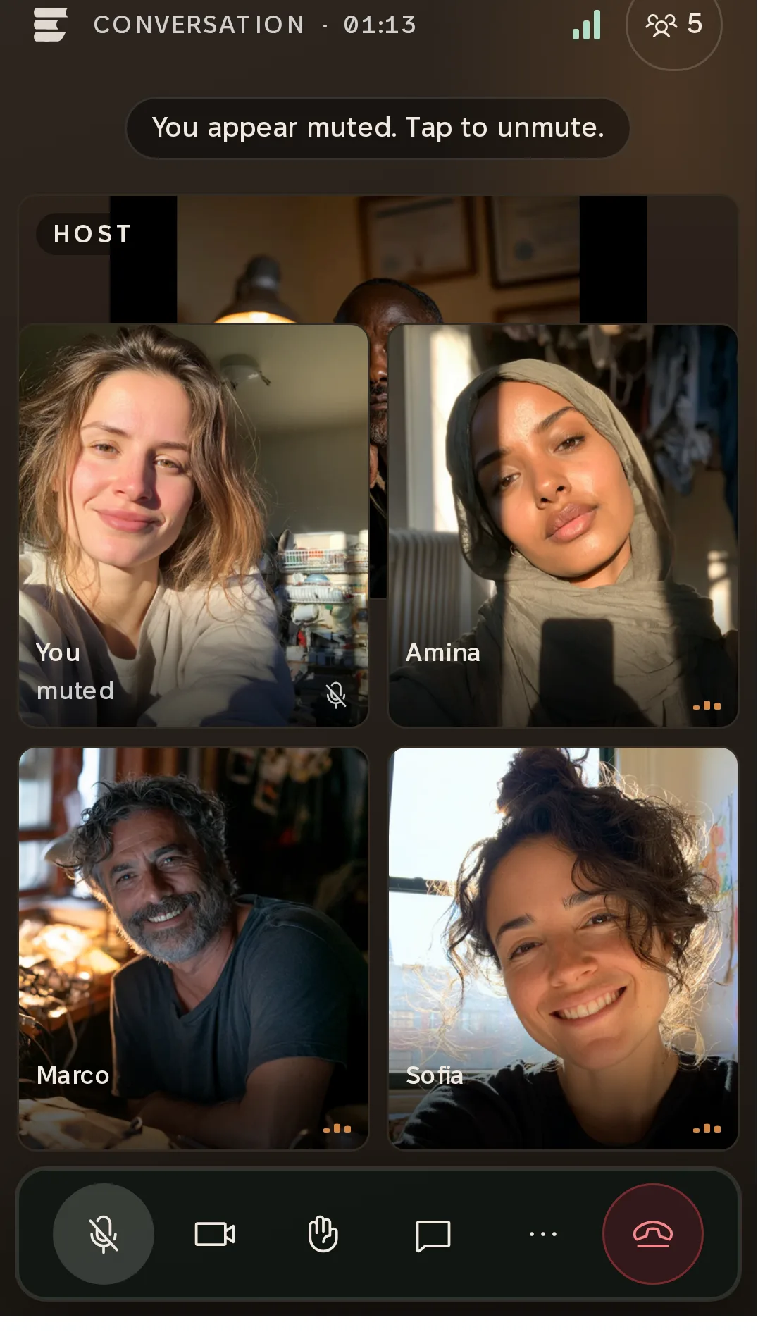 The same room on a phone: four faces in a grid, the host's tile above, the controls below.