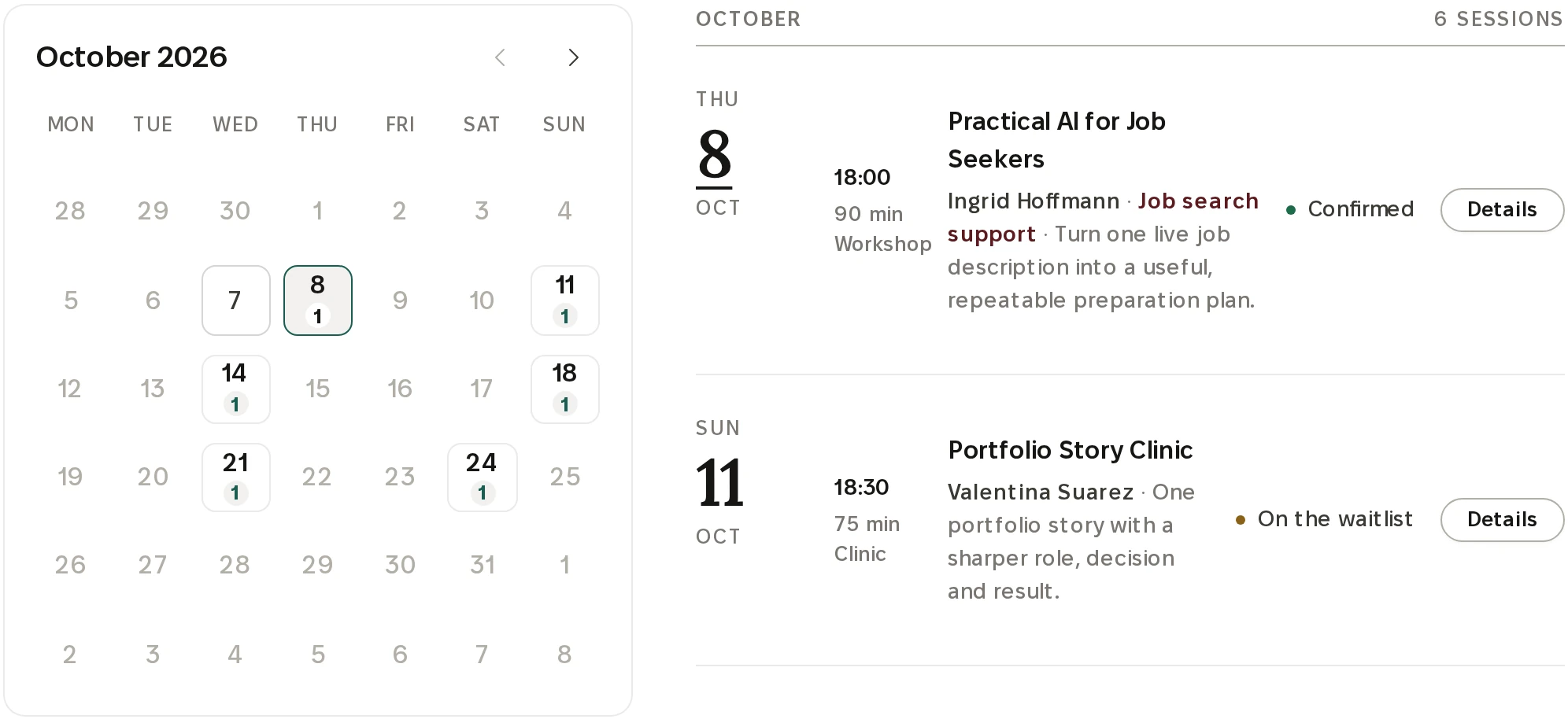 Example Skills Academy calendar showing different learning formats.