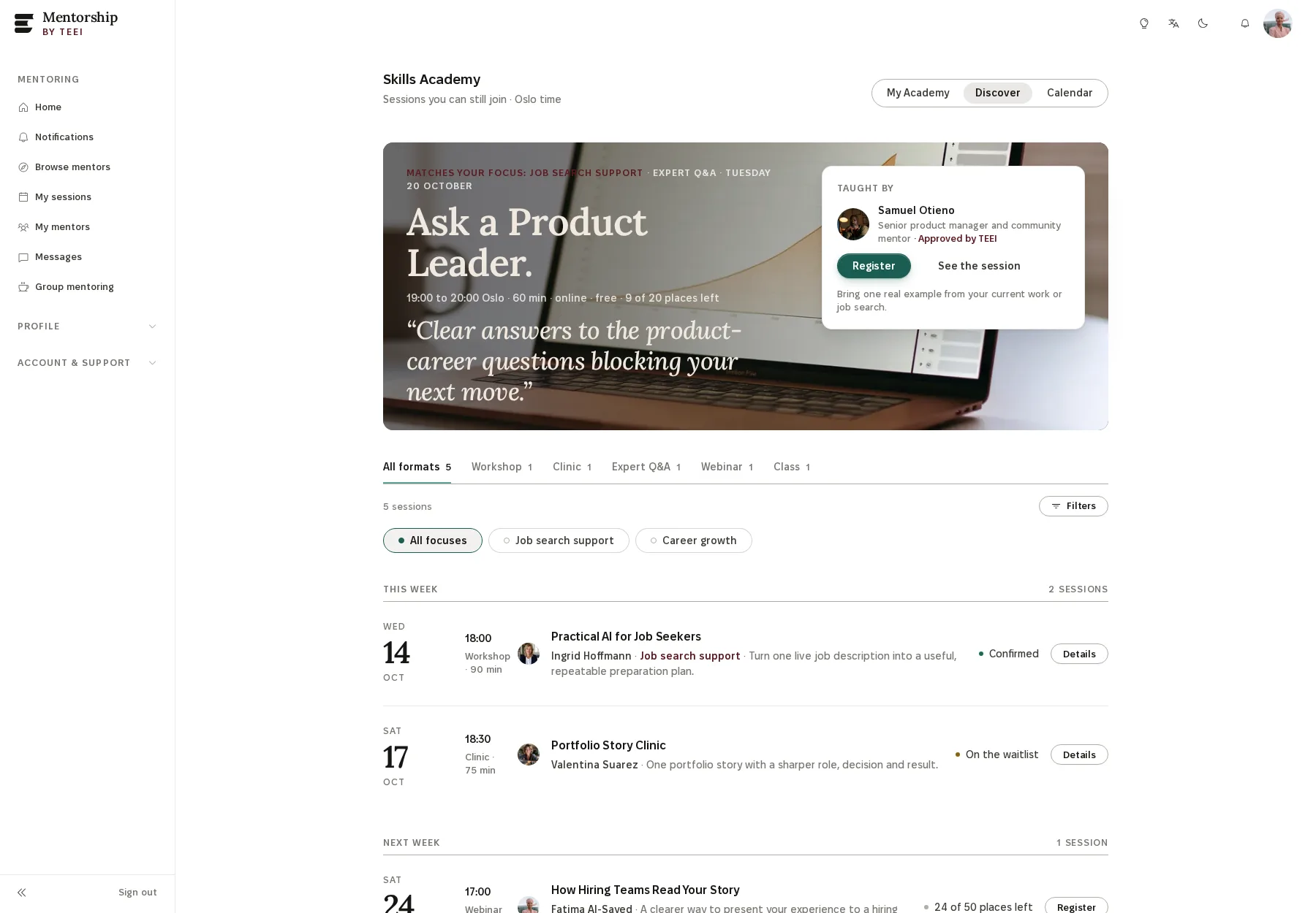 La página de inicio de TEEI Skills Academy: una sesión de preguntas y respuestas destacada que coincide con el objetivo de quien participa, filtros por formato y tema, y las sesiones de la semana con el estado de inscripción