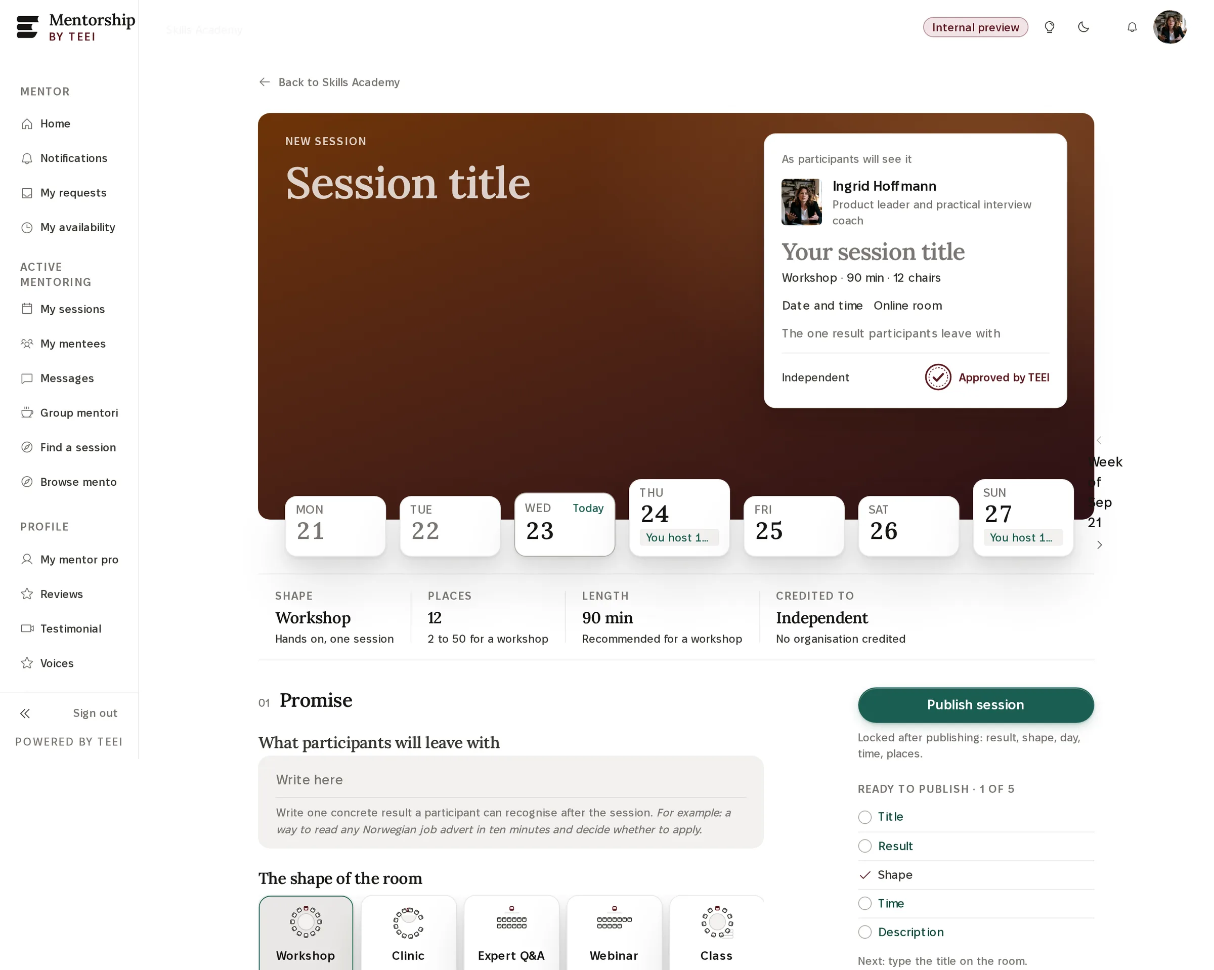 The Skills Academy publisher: the session as participants will see it, the week it runs, the session format with its capacity, and the organisation the hour is credited to.