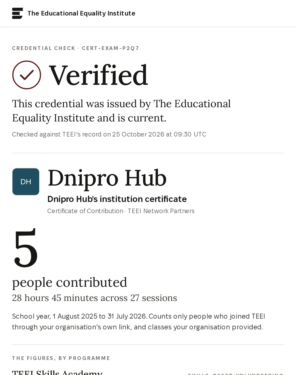 La página del certificado: Dnipro Hub, Certificate of Contribution · TEEI Network Partners, 5 people contributed, 28 hours 45 minutes across 27 sessions, año escolar 2025 a 2026, y las cifras por programa de TEEI Skills Academy y TEEI Language