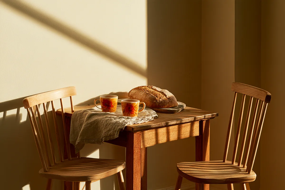 A small kitchen table set for two in morning light, one chair turned out