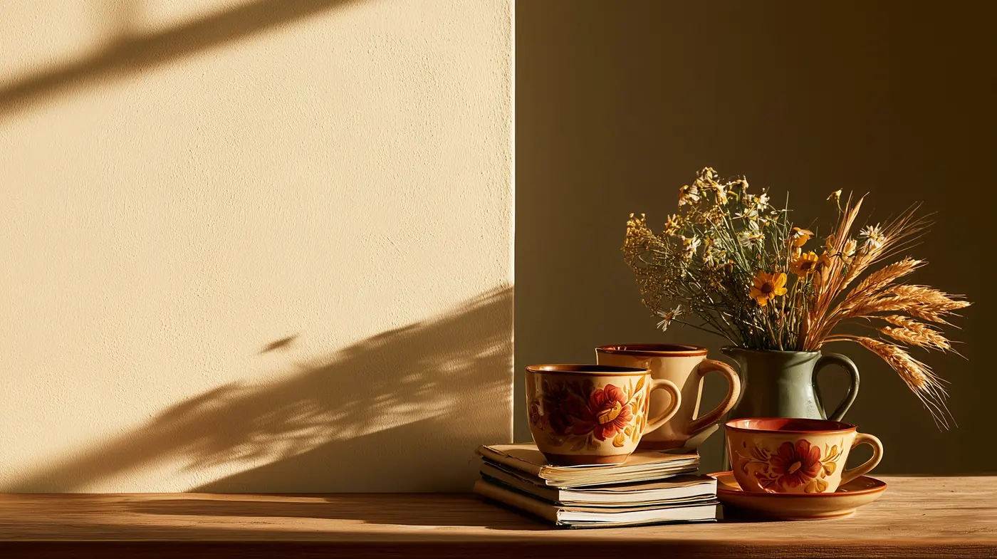 Three hand-painted cups and a jug of wildflowers and wheat on a wooden table in late-afternoon light