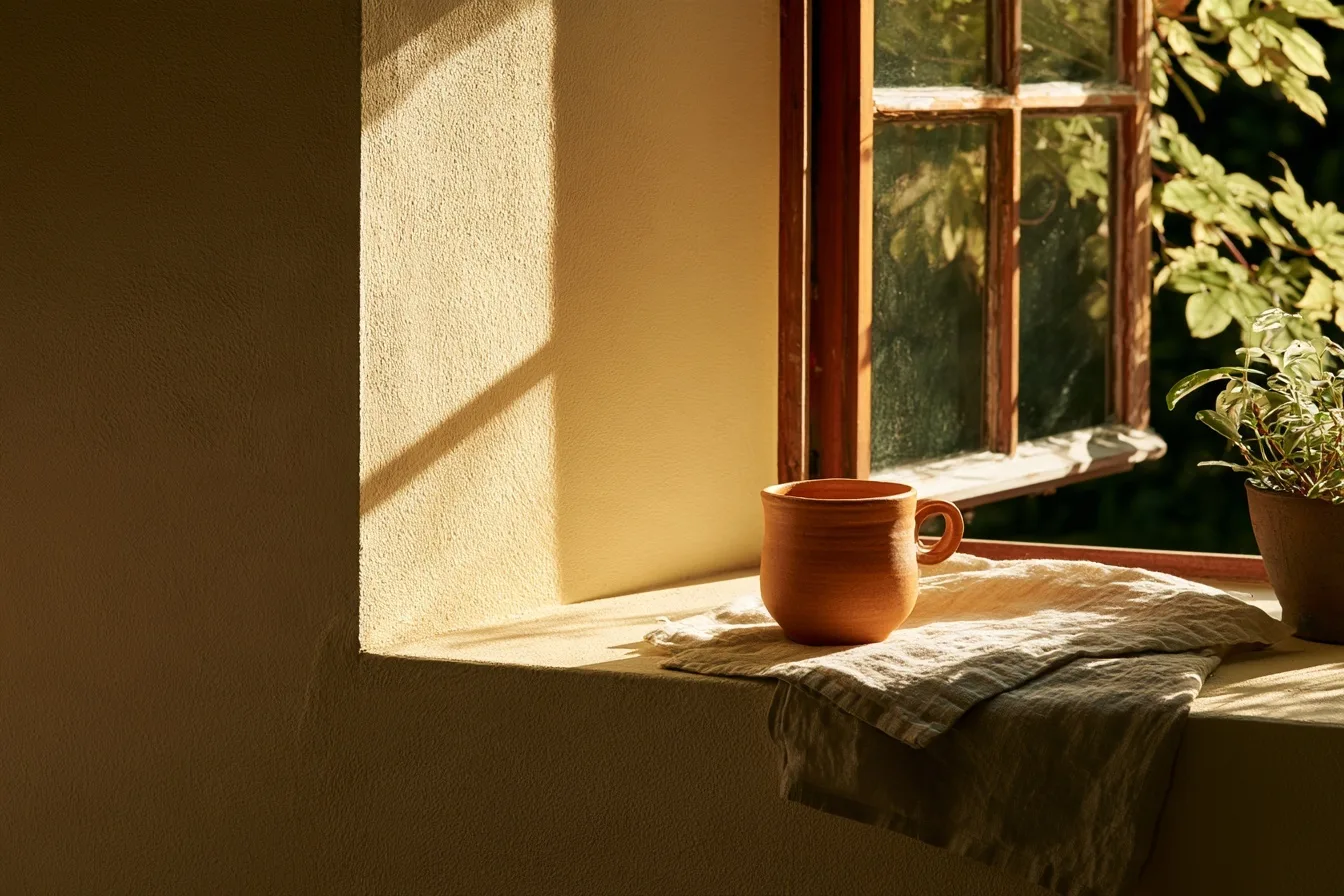 A clay cup on a folded linen cloth on a windowsill, the window open to green leaves in morning light.
