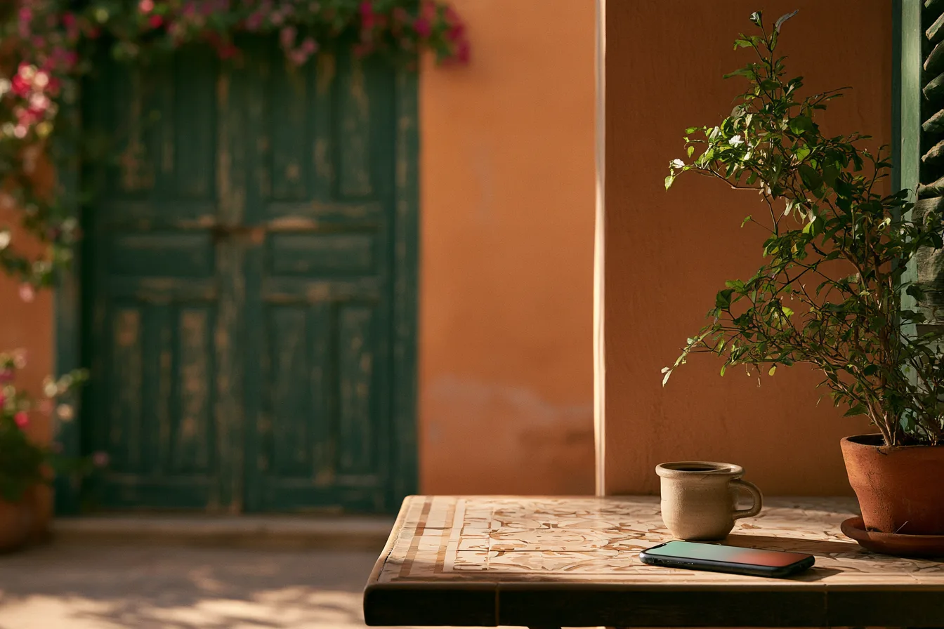 A green door in a terracotta wall, with a tiled table, cup, phone and potted plant.