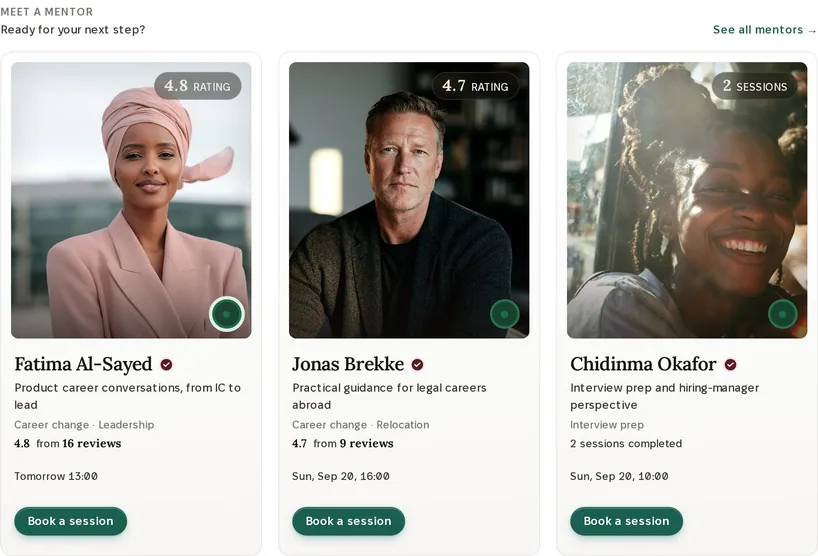 Meet a mentor in TEEI Mentorship: three professionals with their fields and next available times