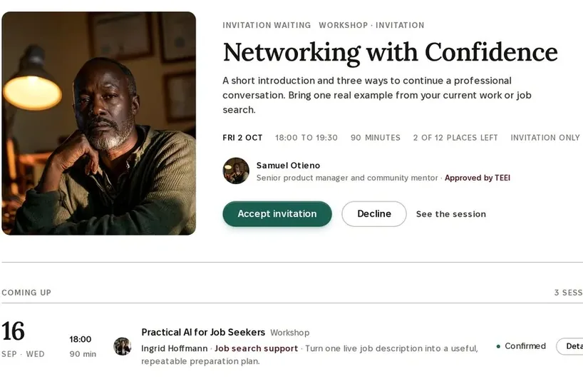 A Skills Academy invitation: Networking with Confidence, a workshop, 90 minutes, Accept invitation