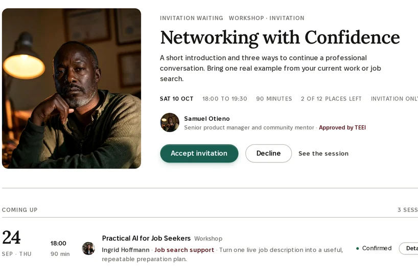A Skills Academy invitation: Networking with Confidence, a workshop, 90 minutes, Accept invitation