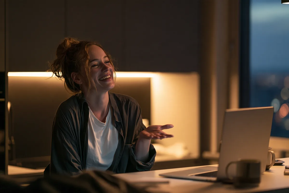 A conversation partner laughing mid-word during a video call in an office kitchen in the evening