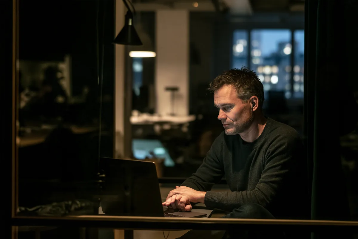 A mentor in a glass booth in the evening, on a video call at his laptop