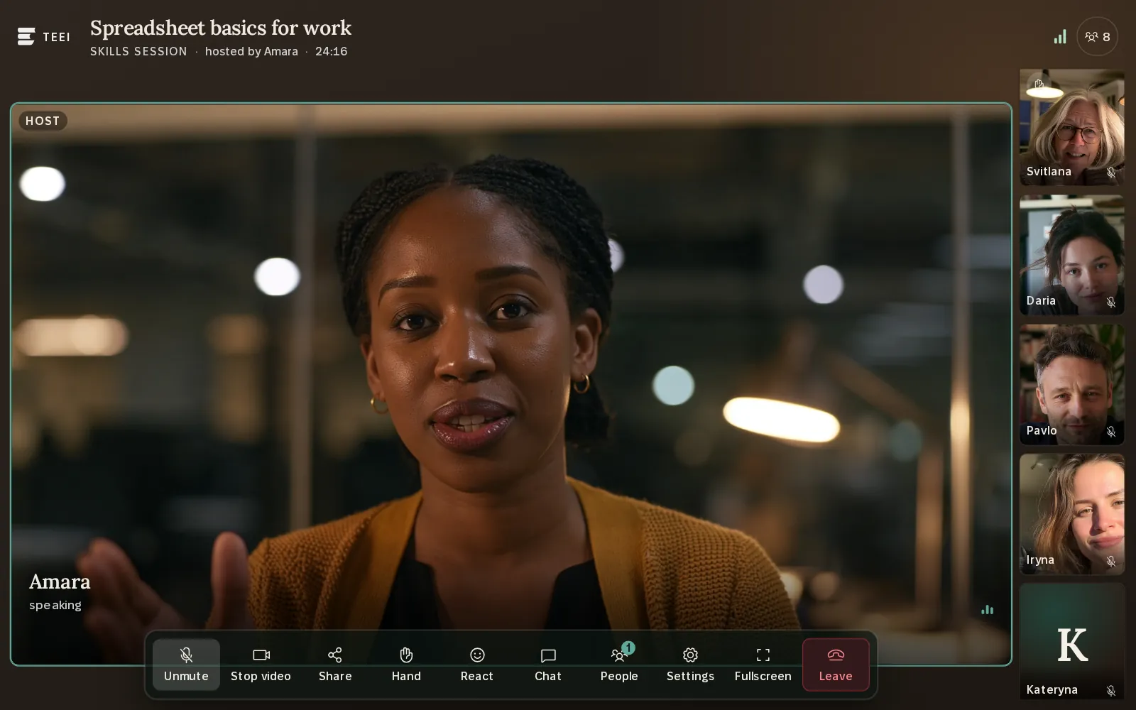 A live Skills Academy class room with TEEI’s design: the host’s own tile, a participant whose camera is off, and the controls for mute, camera, screen share, raise hand, reactions, fullscreen, captions, chat, notes and leave.