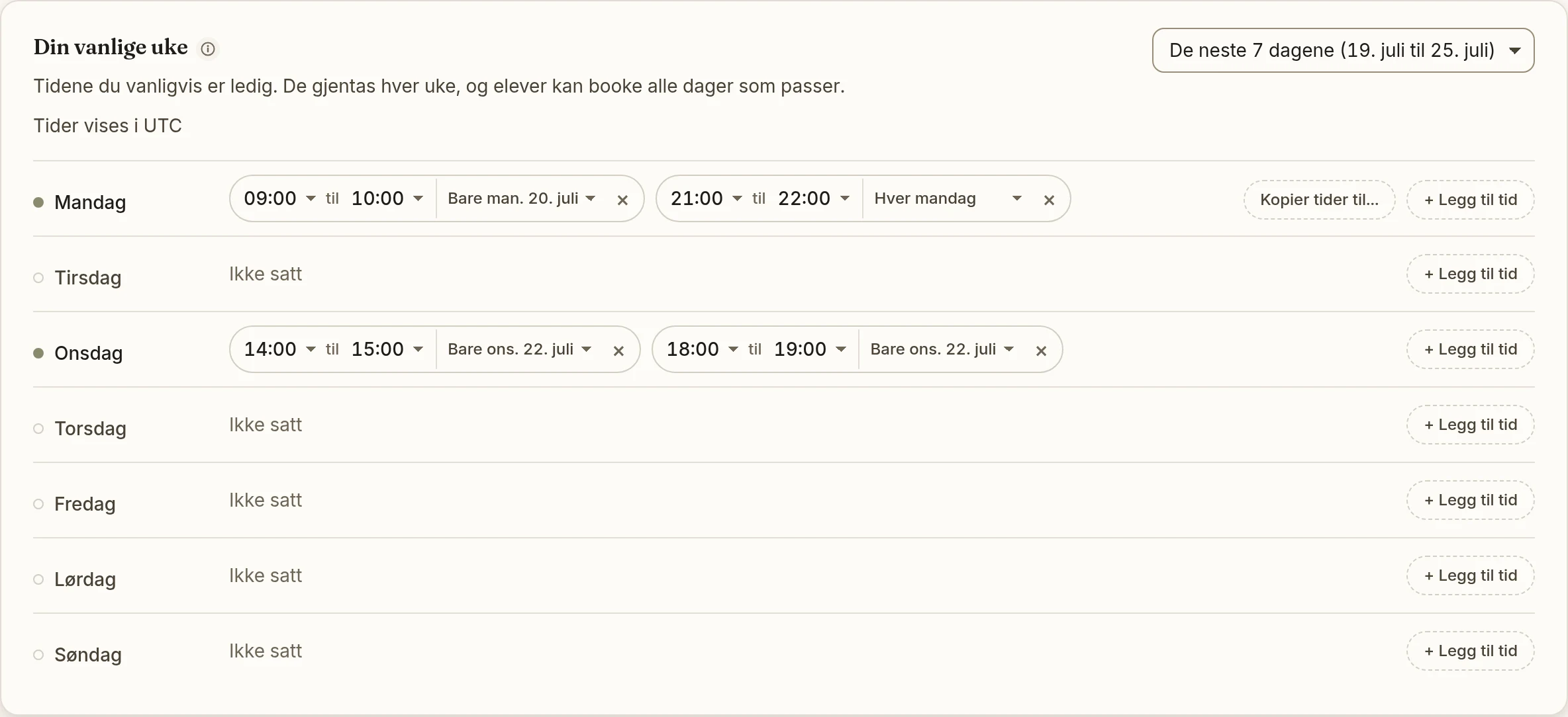 Skjermbilde av tilgjengelighetseditoren i TEEI Language: ukedager med tidsrom og knappen Legg til tid