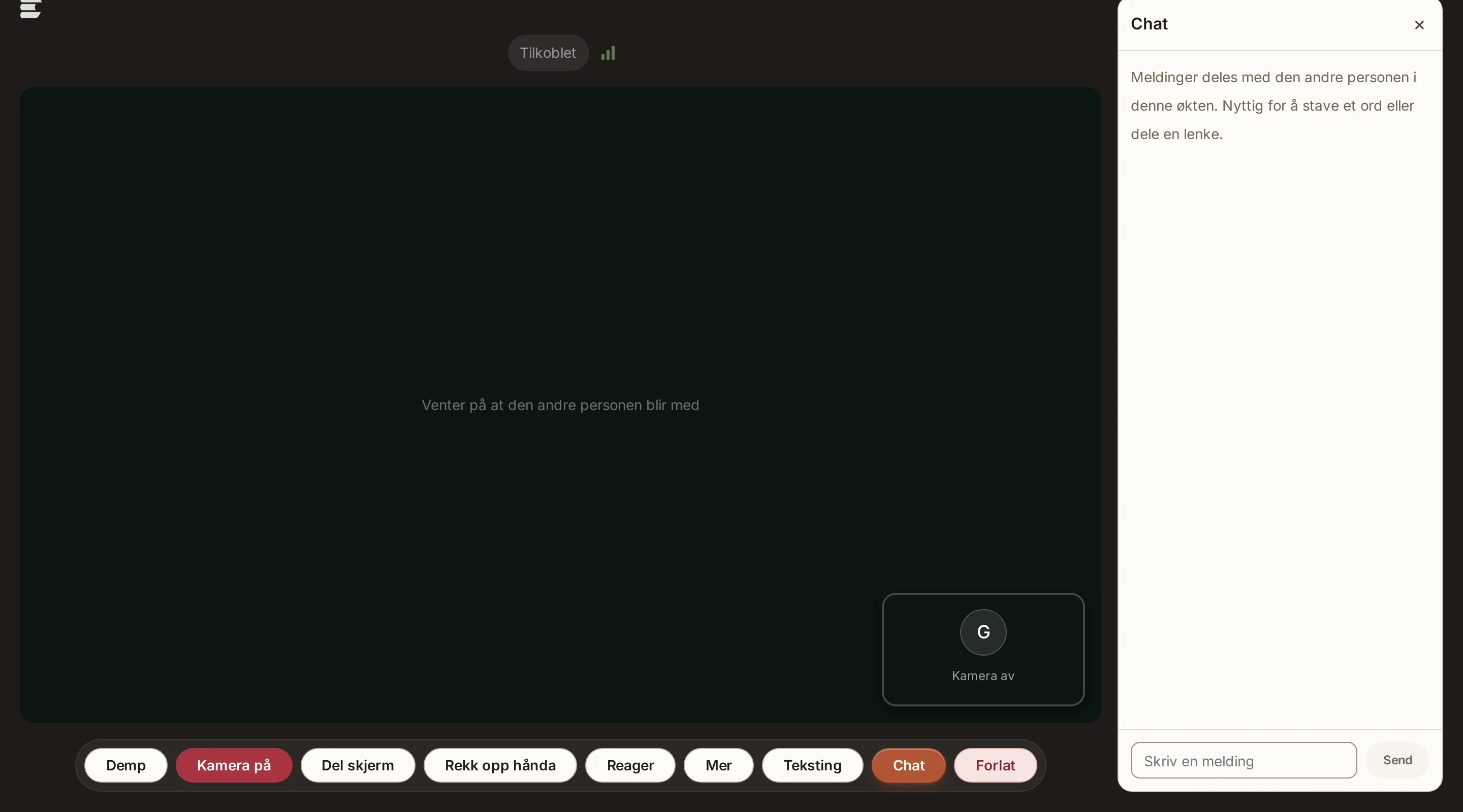 Skjermbilde av videorommet i TEEI Language med chat og kontroller for kamera, mikrofon og teksting