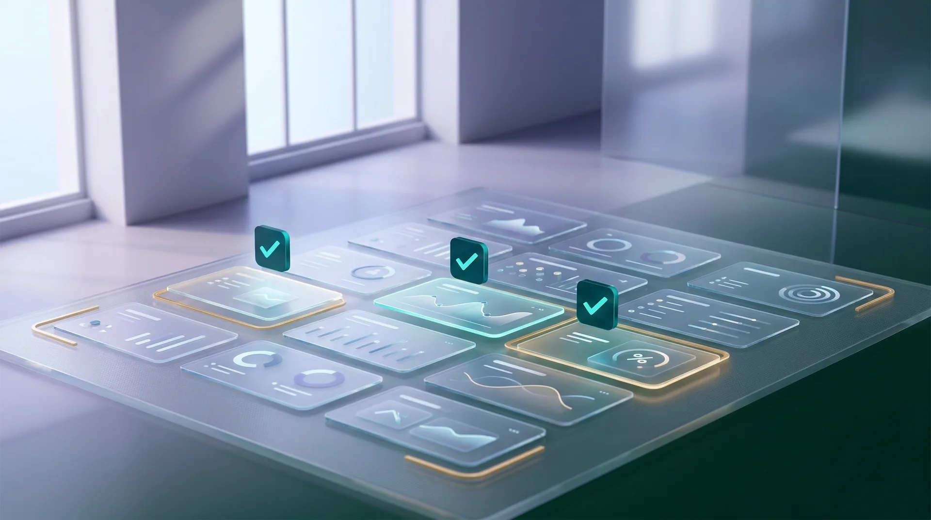 Translucent report panels laid out on a table, three of them marked with a green tick