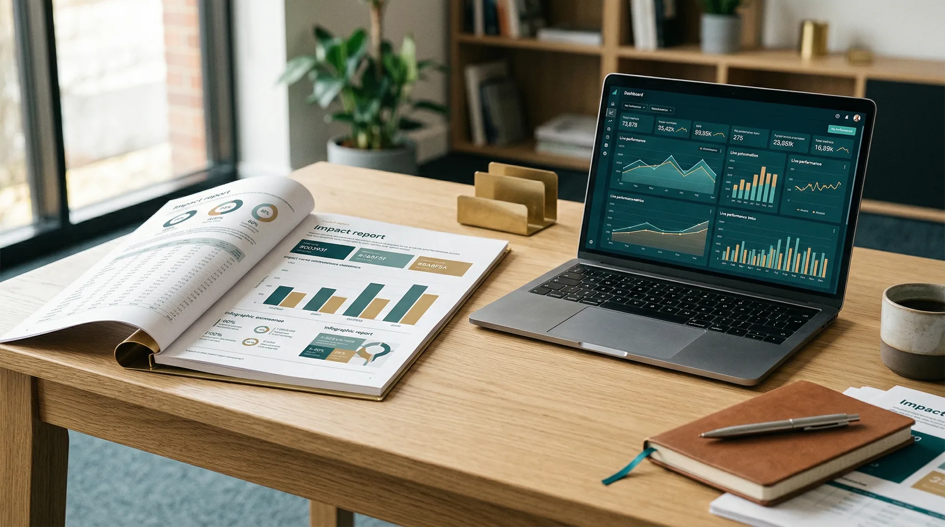A printed impact report lies open on a wooden desk beside a laptop showing a dashboard of bar and line charts