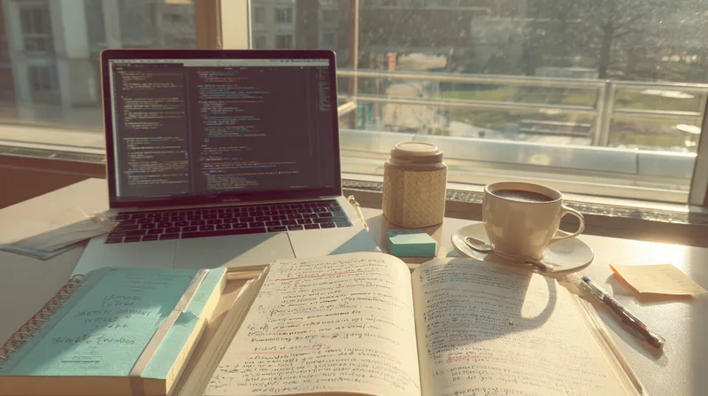 Ноутбук з кодом, конспект і кава біля вікна під час навчання Data Science онлайн