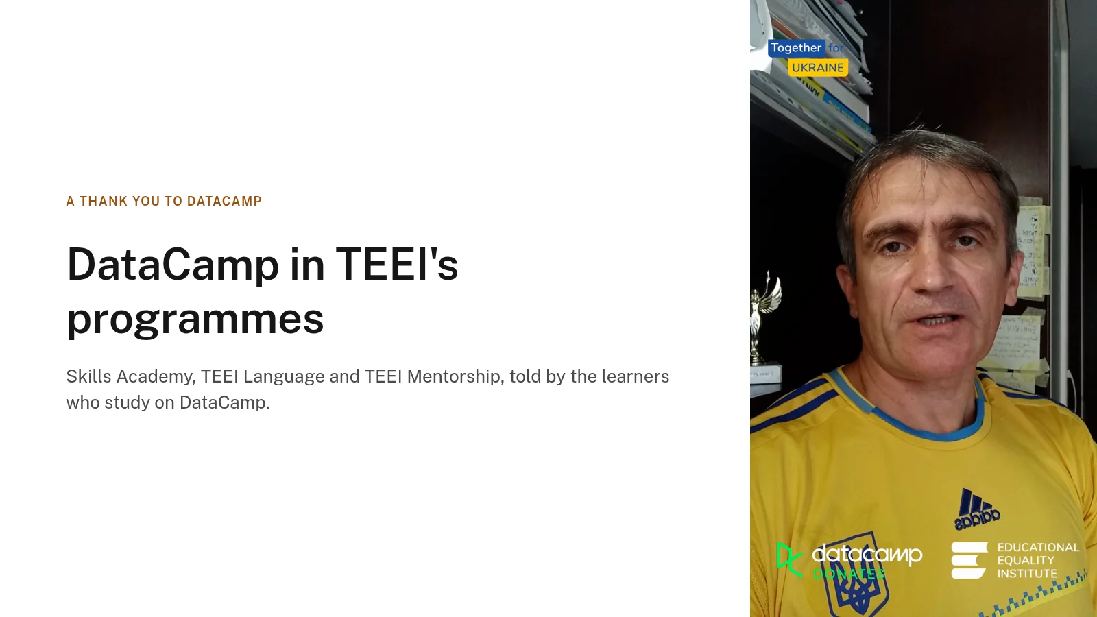 A learner in TEEI's DataCamp group speaks to the camera. Beside him is the title, with Skills Academy, TEEI Language and TEEI Mentorship.