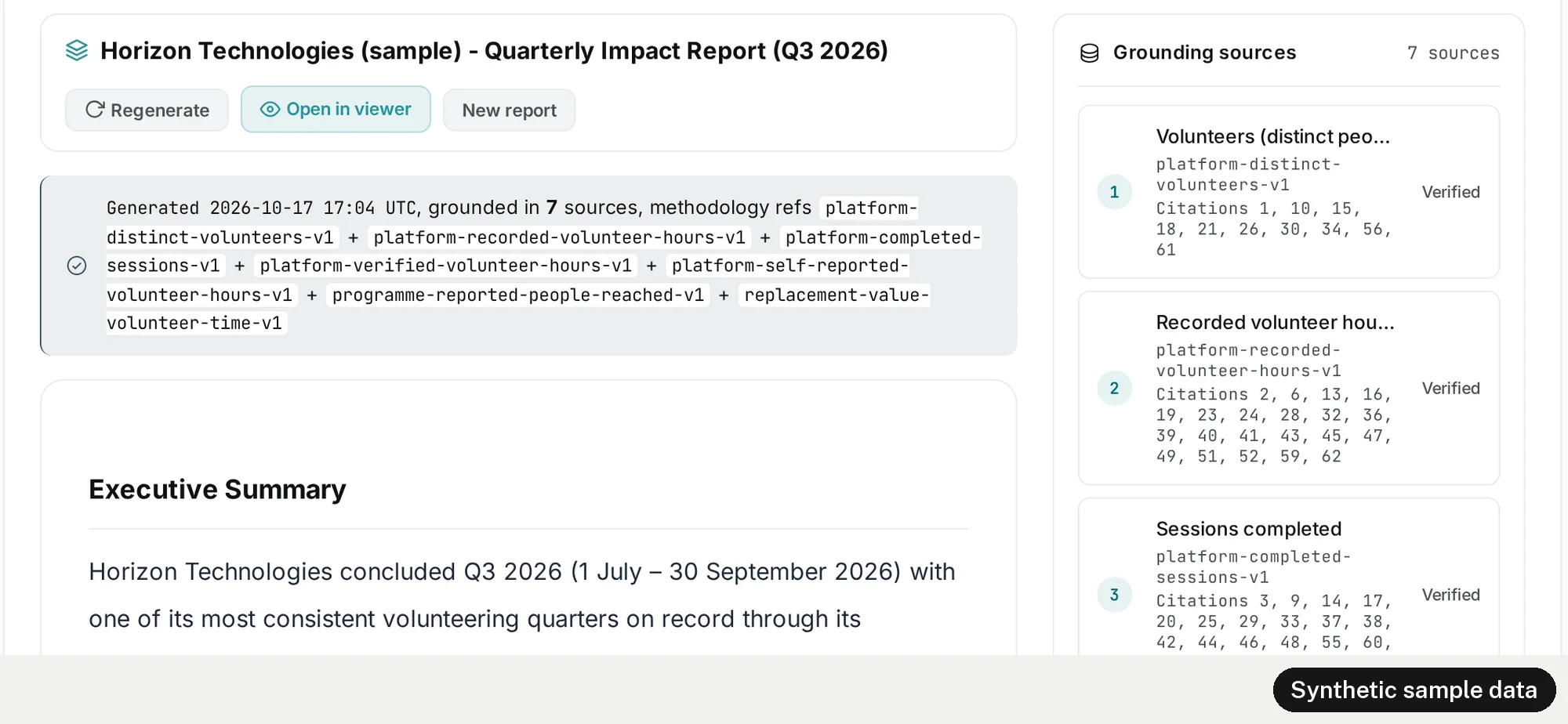 The finished draft in the sample workspace. The title reads Horizon Technologies (sample) - Quarterly Impact Report (Q3 2026), with buttons to regenerate, open in the viewer, and start a new report. A grey band reads: Generated 2026-10-17 17:04 UTC, grounded in 7 sources, followed by the seven methodology references, platform-distinct-volunteers-v1, platform-recorded-volunteer-hours-v1, platform-completed-sessions-v1, platform-verified-volunteer-hours-v1, platform-self-reported-volunteer-hours-v1, programme-reported-people-reached-v1 and replacement-value-volunteer-time-v1. Below it the Executive Summary begins: Horizon Technologies concluded Q3 2026 (1 July to 30 September 2026) with one of its most consistent volunteering quarters on record. On the right, the grounding sources panel lists 7 sources, each with the numbers of the citations that use it, marked Verified.