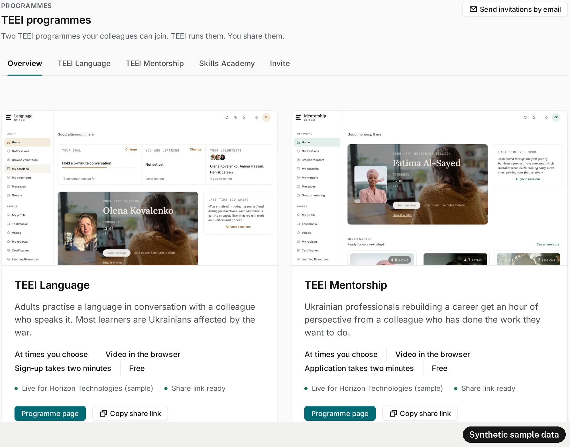 Evenhall's programmes page in the sample workspace for Horizon Technologies (sample), with our label Synthetic sample data. The heading reads TEEI programmes, with a button to send invitations by email and tabs for an overview, TEEI Language, TEEI Mentorship, Skills Academy and invitations. Two cards show TEEI Language, where adults practise a language in conversation with a colleague who speaks it, and TEEI Mentorship, where Ukrainian professionals rebuilding a career get an hour of perspective from a colleague. Each card says it is live for the sample company, with a programme page button and a link to copy.