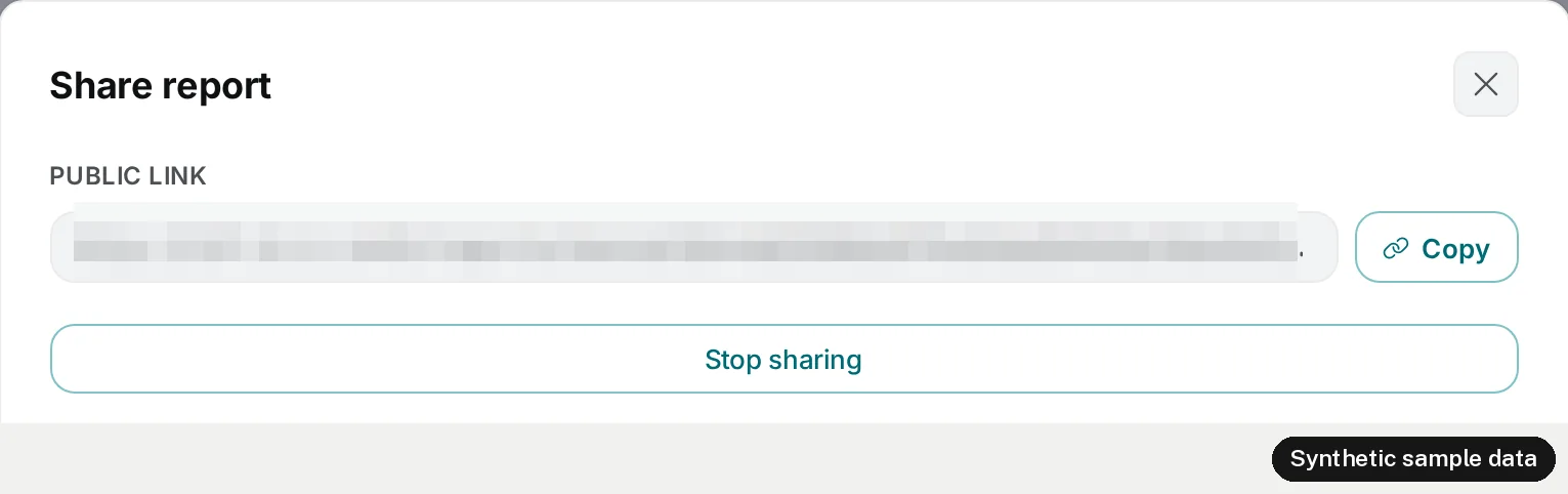 The Share report dialog after approval, with a public link in a field, a Copy button and a Stop sharing button. The link address is blurred.