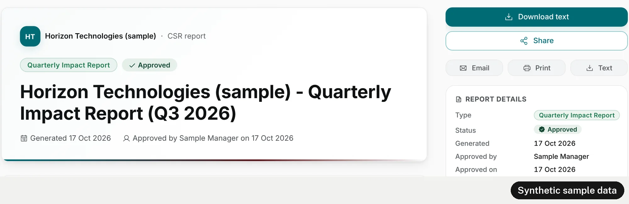 The shared report as a reader with the link sees it. The header shows the company, CSR report, the labels Quarterly Impact Report and Approved, the title, and the lines Generated 17 Oct 2026 and Approved by Sample Manager on 17 Oct 2026. On the right, buttons to download the text, share, email and print, and the report details: type, status, generated, approved by and approved on.