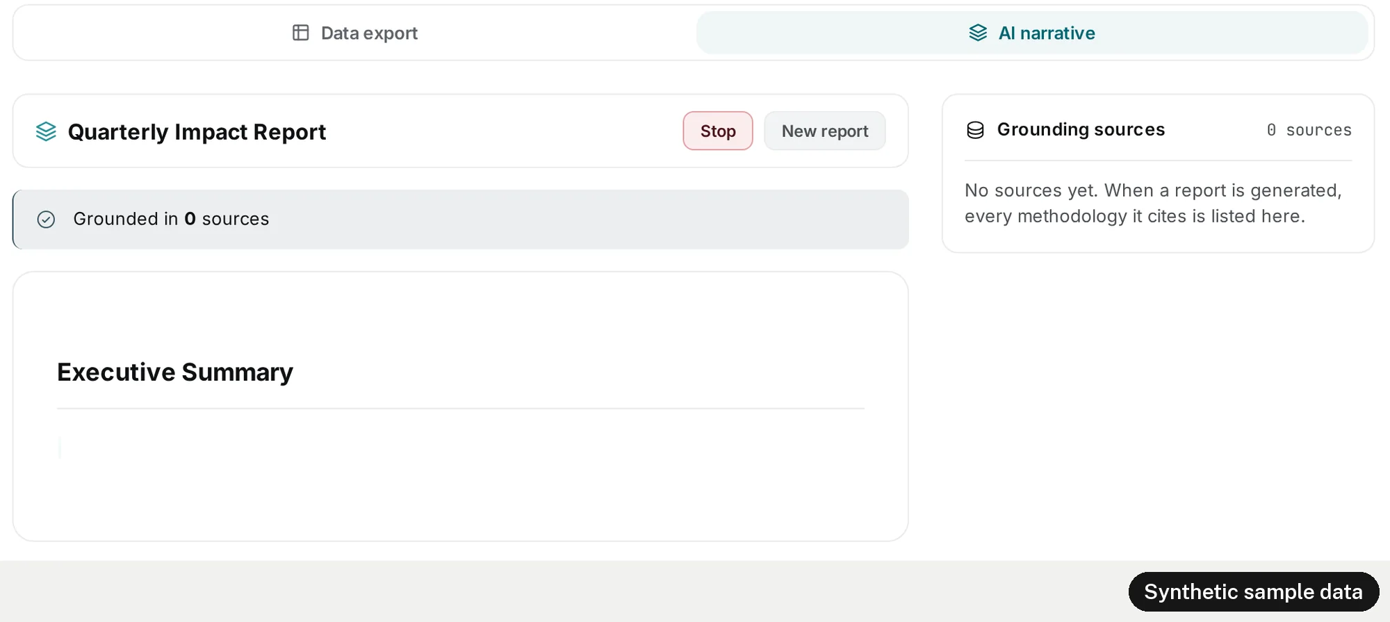 The report card at 13 seconds into the sample run. The title Quarterly Impact Report has a Stop button and a New report button. A grey band reads Grounded in 0 sources. Below it, the heading Executive Summary, with nothing under it yet. On the right, the grounding sources panel reads 0 sources: no sources yet, and when a report is generated, every methodology it cites is listed there.