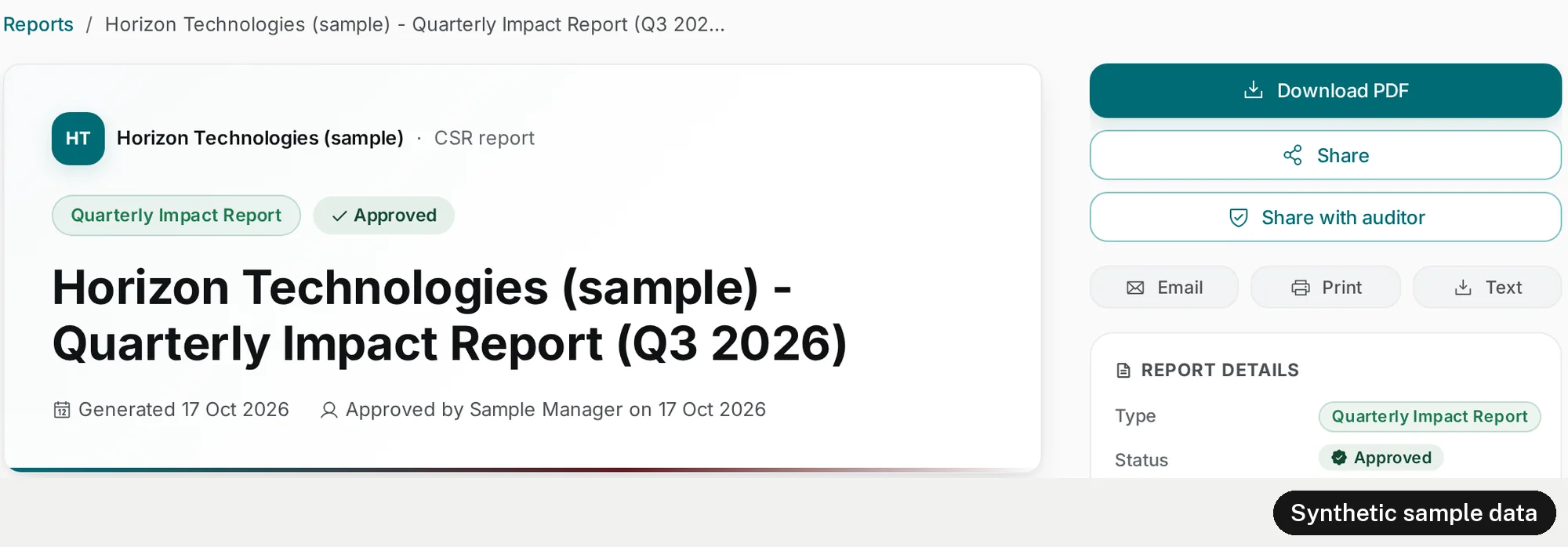 The approved report in Evenhall's viewer for the sample workspace. The header shows the company, the report type Quarterly Impact Report, the label Approved, the title, and the lines Generated 17 Oct 2026 and Approved by Sample Manager on 17 Oct 2026. On the right are buttons to download the PDF, share, share with an auditor, email, print and download as text, and a box of report details with the type and the status Approved.
